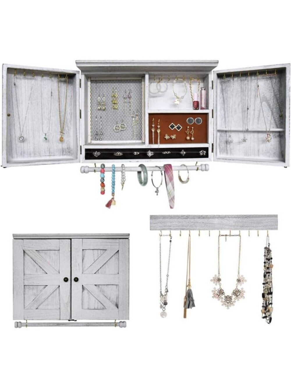 Vintage Rustic Wall-Mounted Jewelry Organizer | Wooden Hanging Holder with Hooks